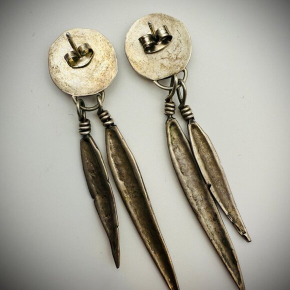 Sterling Silver Feather Dangle Earrings | Turquoise Accents | Navajo Style - Picture 5 of 5